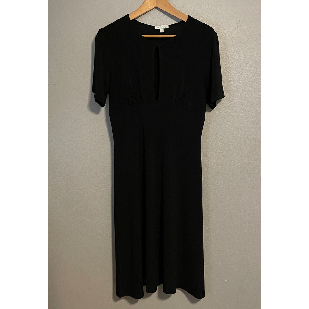 Vintage Womens Midi Dress Medium Black Stretch Babydoll Keyhole Neck 90s Y2K